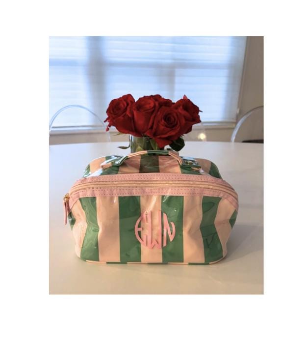 Personalized coated makeup bag with tassle closure- pale pink/green- large