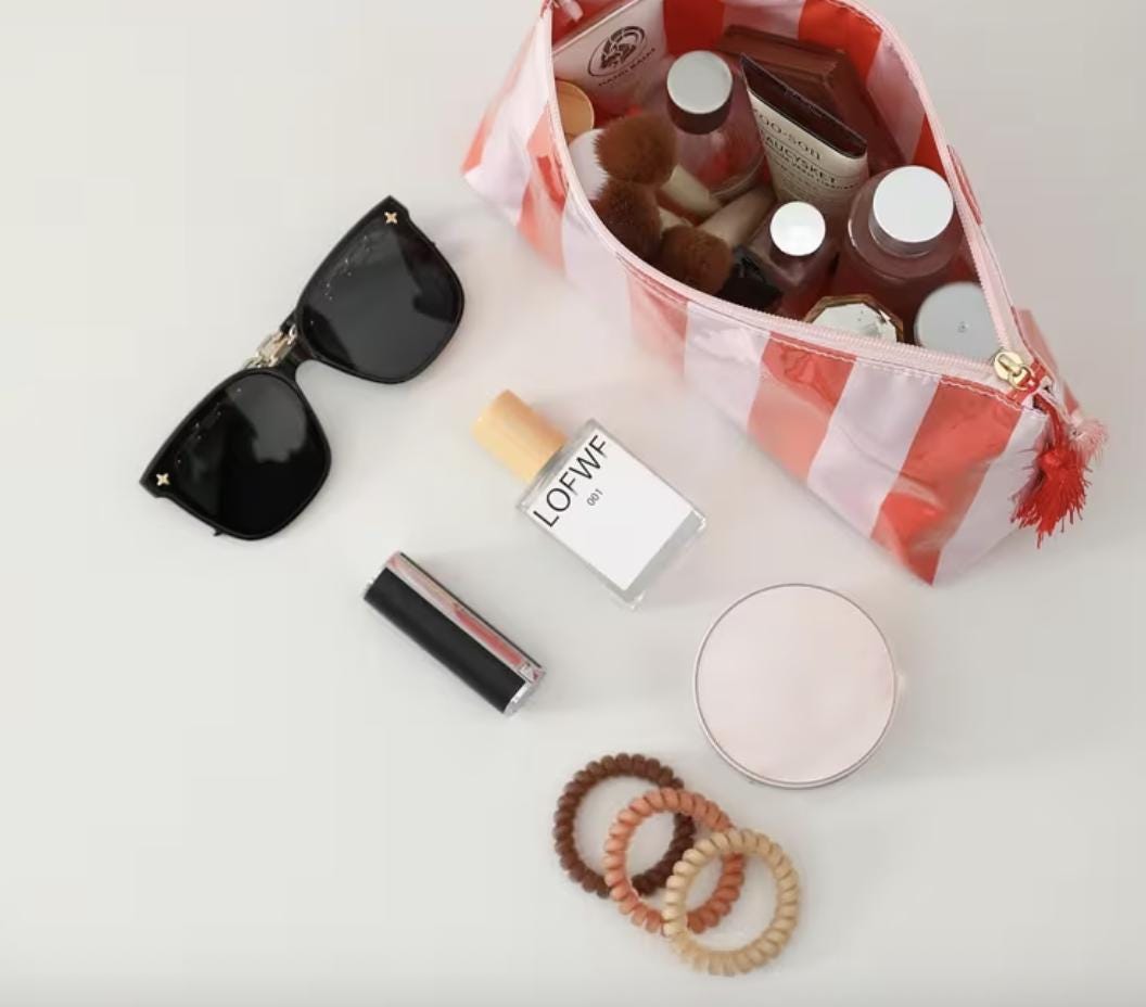 Personalized coated makeup bag with tassle closure- pale pink/red- medium