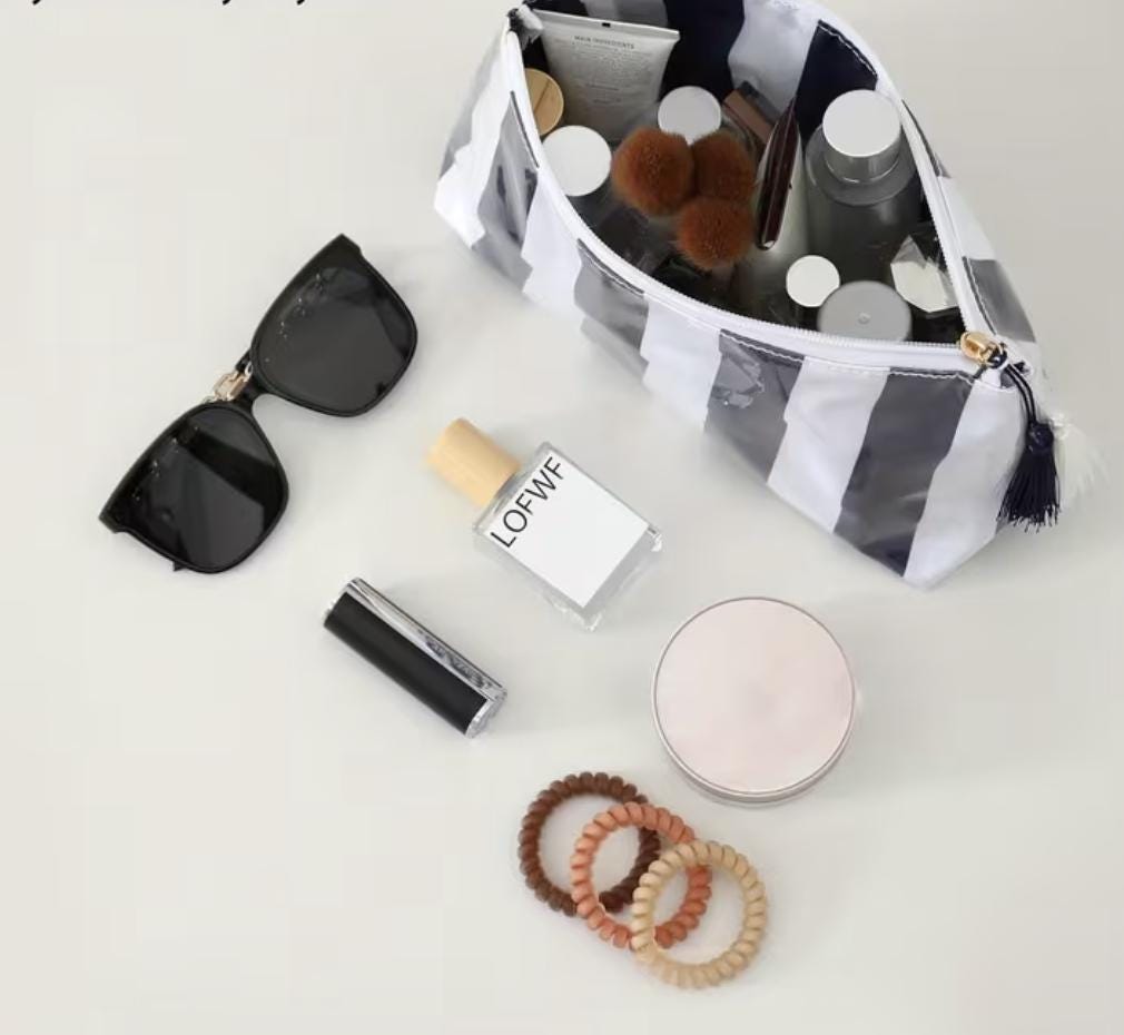 Personalized coated makeup bag with tassle closure- navy/white- medium