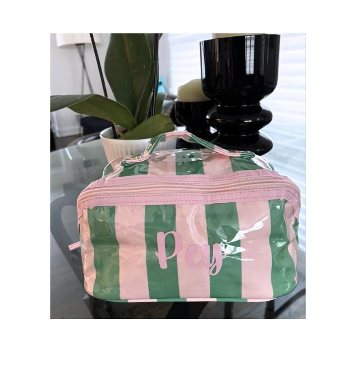 Personalized coated makeup bag with tassle closure- pale pink/green- large
