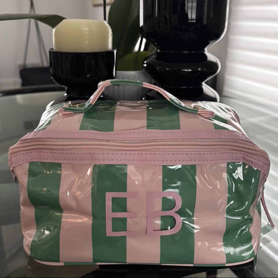 Personalized coated makeup bag with tassle closure- pale pink/green- large