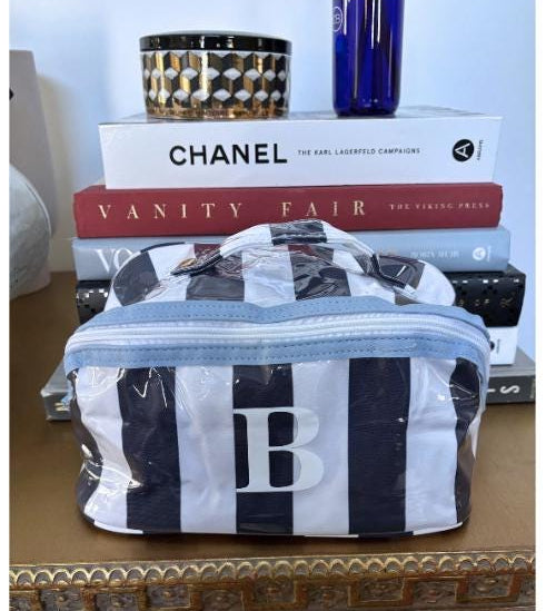 Personalized coated makeup bag with tassle closure- navy/white- large