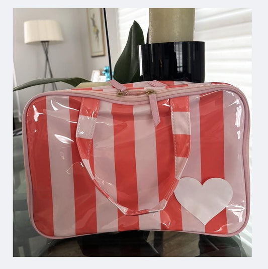 Personalized coated makeup bag with tassle closure- pale pink/red- x large