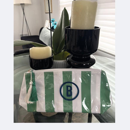 Personalized coated makeup bag with tassle closure-green/white- medium