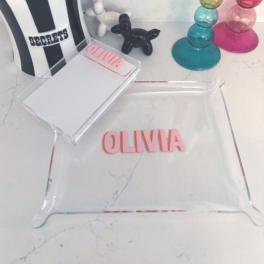 Personalized acrylic pinch tray and memo pad set